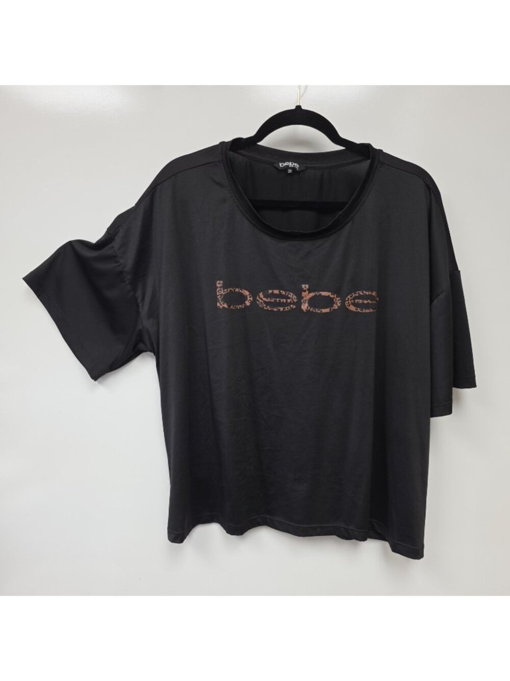 Bebe Sport T-Shirt Womens 2X Black Crew Neck Short Sleeve Leopard Logo Top